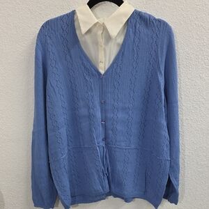 Alfred Dunner White Blouse Layered Knit Purple Cardigan Sweater